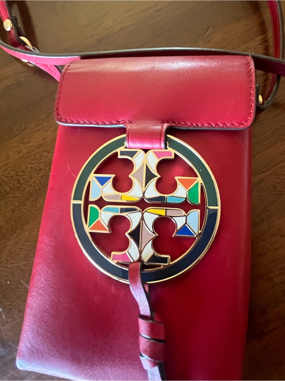 Tory Burch Red Leather Crossbody Phone Pouch with Multicolor Enamel Logo